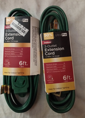 lot of 2 JASCO indoor 3-outlet extension cord 46180, green, 6ft, Ultra Pro 1625W