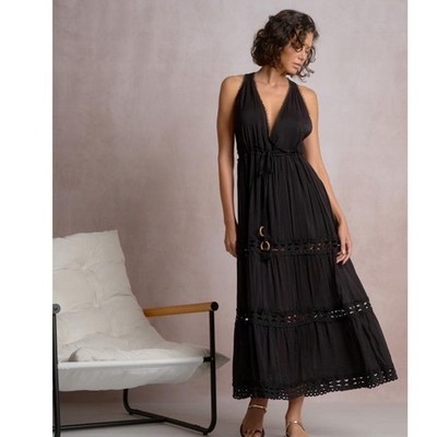 Elan Black Crochet Lace Trim Tiered Maxi Dress Halter V-Neck Tassel Accent Large