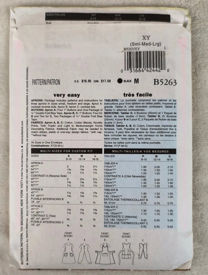 Butterick Pattern B5263 Aprons Very Easy Waverly Uncut All Sizes - Image 3 of 3