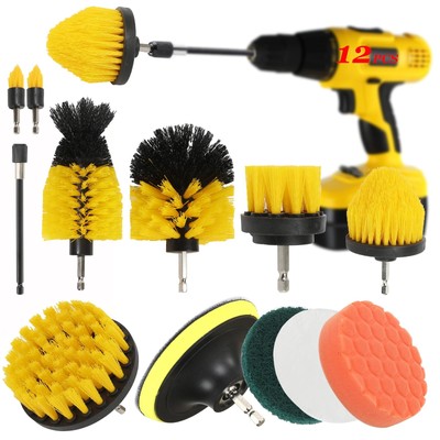 12Pcs Drill Brush Cleaning Kit w/Extension Rod Polishing Pads - Bathroom Tile