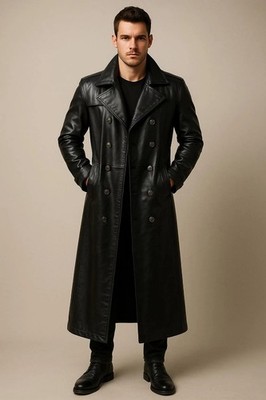 Mens Handmade Lambskin Leather Trench Coat Black Gothic Biker Coat