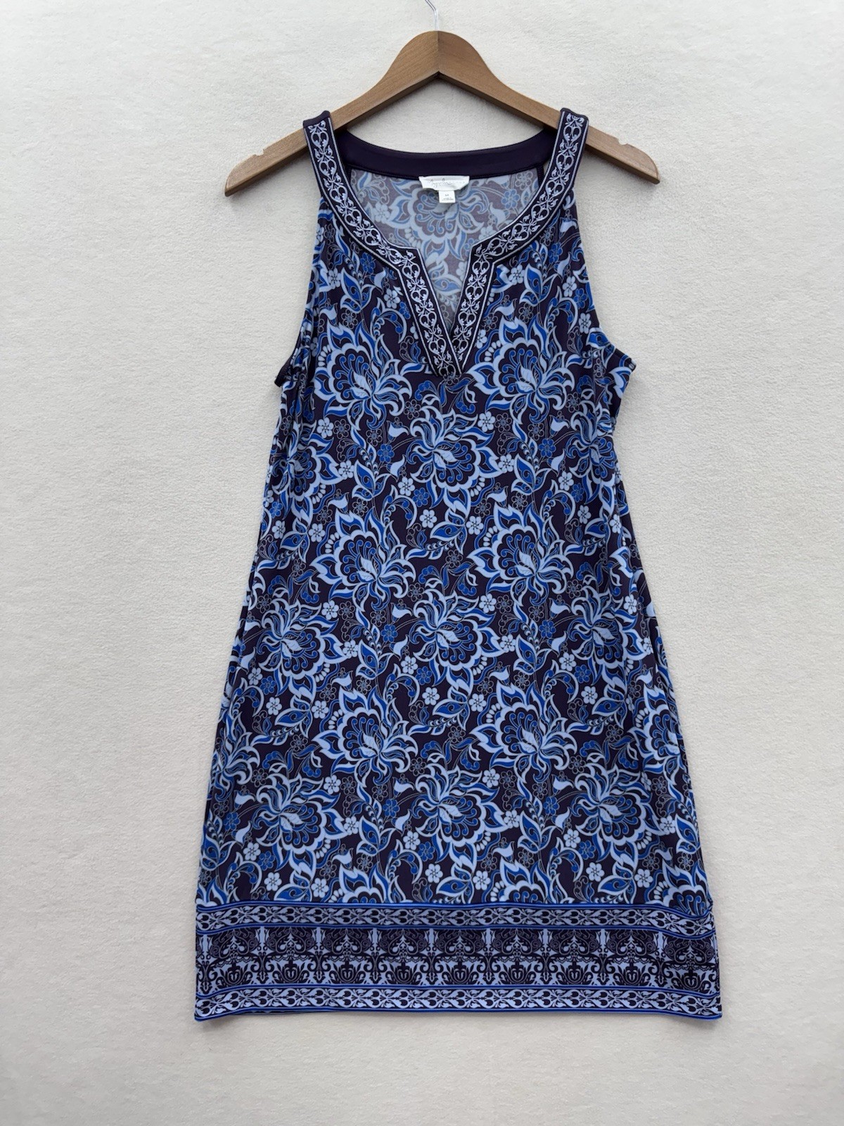 Magnolia Grace Women’s Medium Dress Alhambra Embroidered Trim Stretch Blue