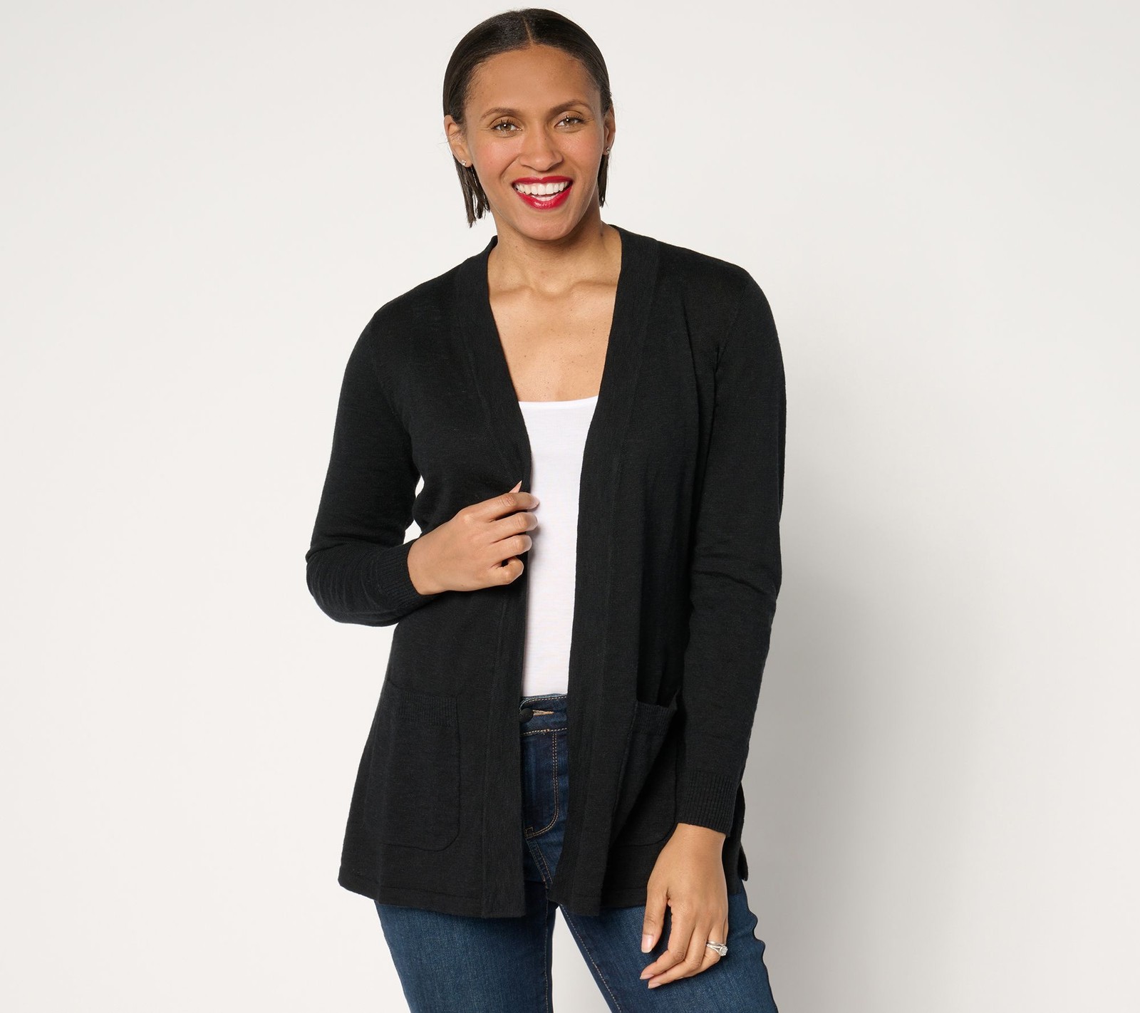 Denim & Co. Women's Top Sweater Sz XL Beach Regular Open Front Black A682229