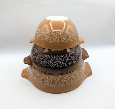 Vintage PYREX Woodland Cinderella Nesting Bowl Set 441, 442, 443 Brown Tan
