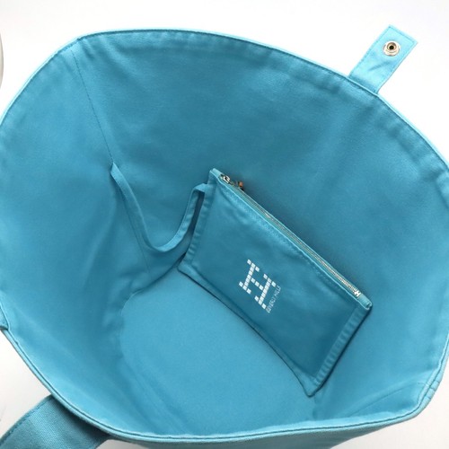 HERMES Pannied Plage MM Tote Bag Large Tote Handbag Canvas Leather Cyan Blue w - Picture 6 of 9