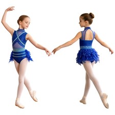 Girls Mesh Patchwork Feather Cutout Back Shiny Leotard Dance Performance Costume