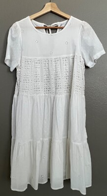 Asos Design Mixed Broderie Trapeze Tiered Mini Lined Dress Women Size 2 White