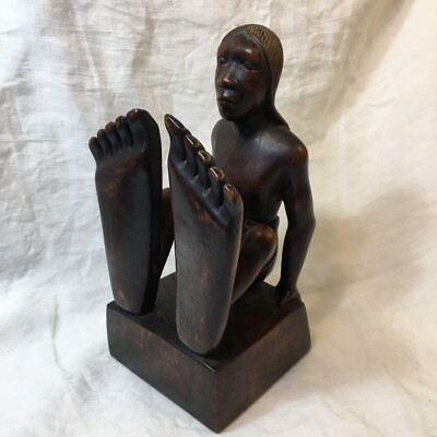 Man Statue With Big Feet Sitting Bookend Brown Wood Like 9''