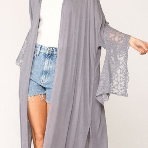 New Gigio Small Gray Open Embroidered Duster Jacket Lace Dolman Sleeves Boho - Picture 6 of 6