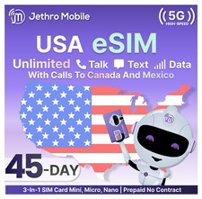 Jethro Mobile 45-Day Prepaid eSIM USA 30GB Data Unlimited Talk Text Digital SIM