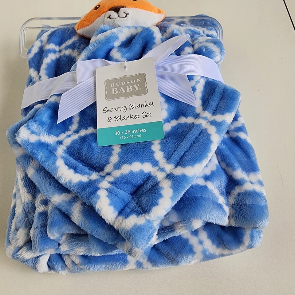 NUEVO CON ETIQUETAS Hudson Bebé Infante Niño Manta de Felpa Conjunto de Seguridad Azul Naranja Zorro 30"x36"  Foto 3 de 4