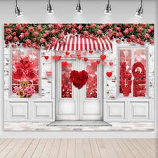 7x5-Ft Valentine's Day Backdrop Red Love Hearts Brick Wall Floral Theme