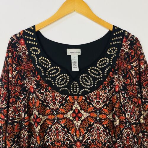 Catherines Womens Dress Plus Size 2X 22/24W Black Orange Long Sleeve Floral - Picture 2 of 11