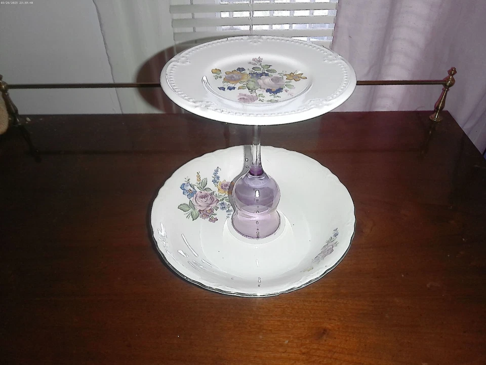 Bandeja estilo fazenda bandeja de servir vintage dois níveis chique gasto feito à mão bolo - Imagem 3 de 4