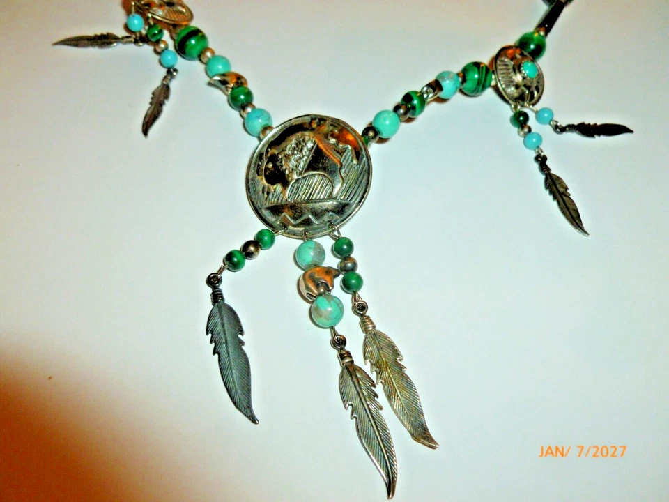 Collar de cuentas de malaquita turquesa fetiche fetiche Dakota Shube vintage de plata esterlina Foto 2 de 4