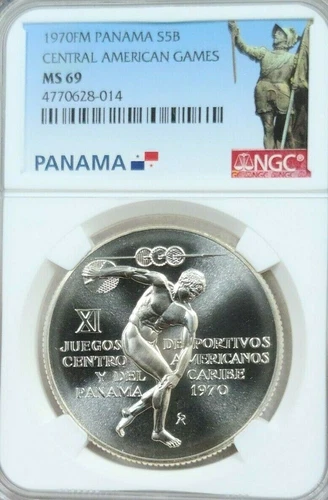 1970 PANAMA SILVER 5 BALBOAS CENTRAL AMERICAN GAMES NGC MS 69 BLAZING TOP POP