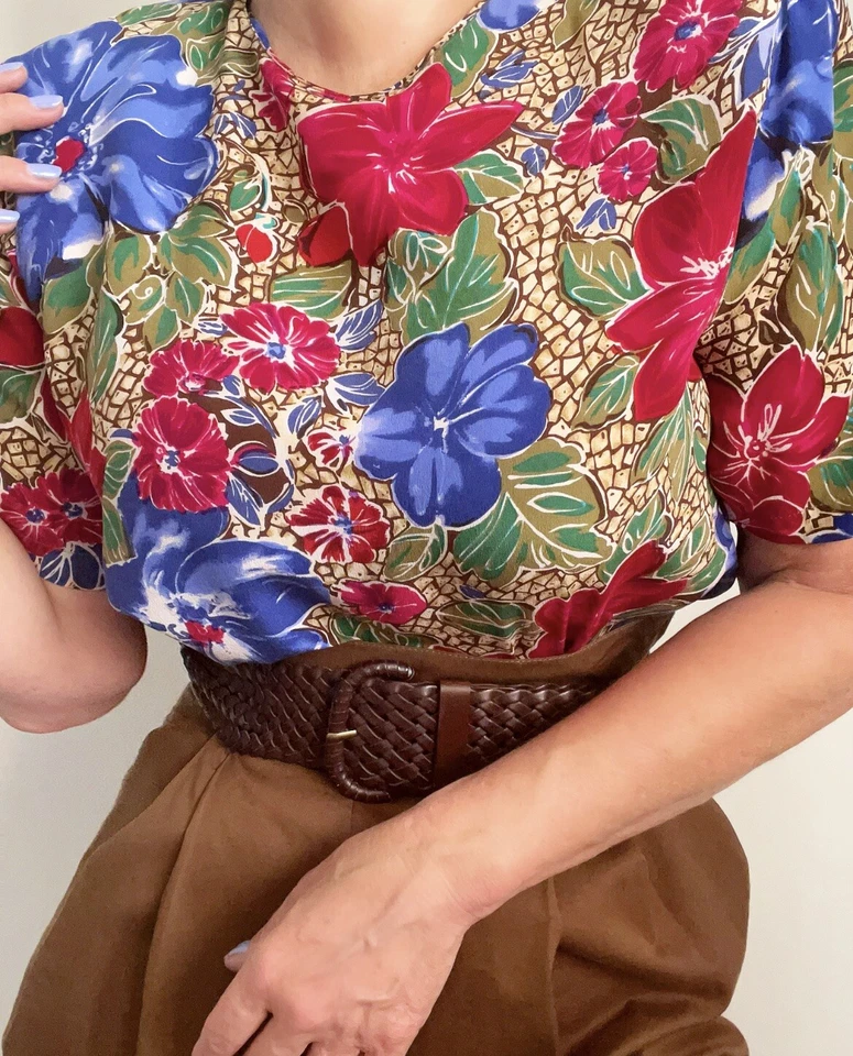 Blusa vintage Christie & Jill 100 % seda estampado floral psicodélico para mujer talla M Foto 3 de 4