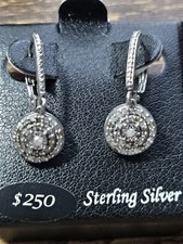 Sterling Silver Round Halo Dangle Earrings Cubic Zirconia Lever Back NWT
