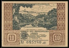 Notgeld Birkenfeld 1921, 10 fenigów, krajobraz z rzeką i wierszem z karłem 