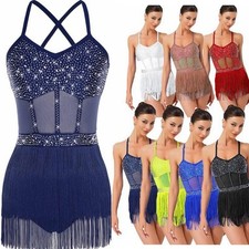 Lady Latin Dance Rhinestone Fringe Dance Leotard Rumba Cha-cha Ballroom Bodysuit