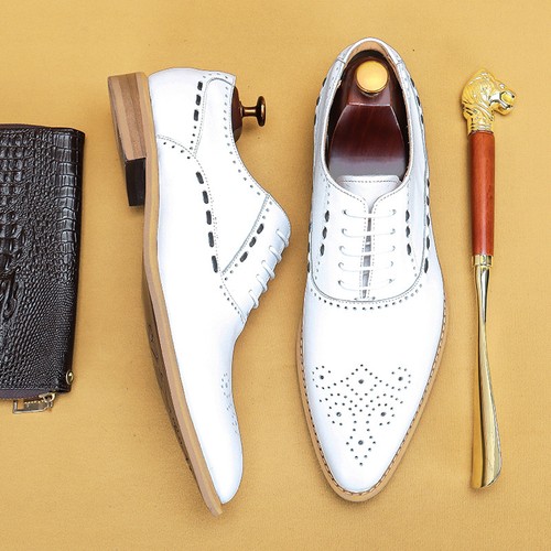 White Wedding Shoes Mens Pointy Toe Carved Formal Dress Business Real Leather Sz - Picture 2 of 13