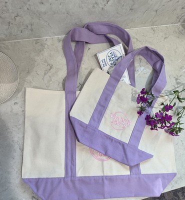 Trader Joe's Canvas Shopping Bags Purple Cream Solid Set ( Large + Mini)