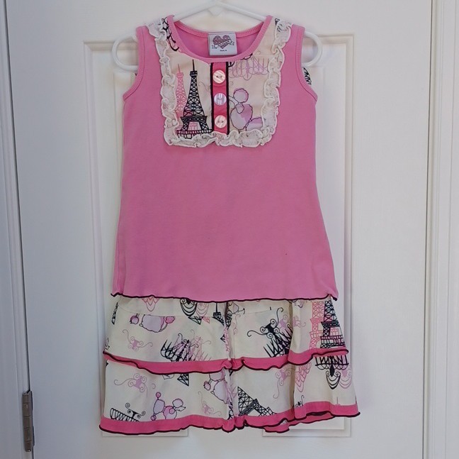 AnnLoren Girls 2-Piece Outfit Set Paris Eiffel Tower Pink Top & Pants Size 6