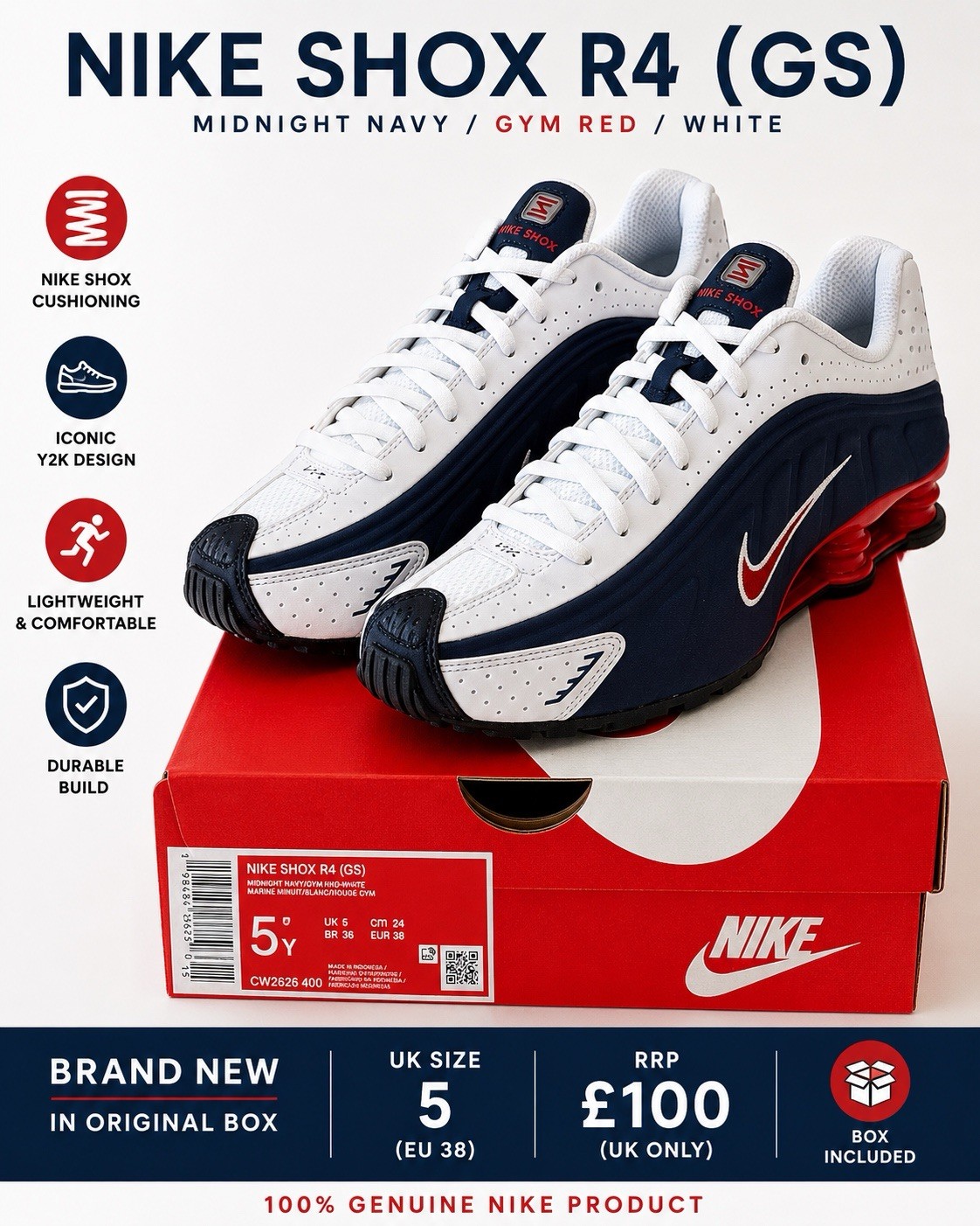 Nike Shox R4 GS USA Navy Red White UK 5 BNIB CW2626-400 RRP £100