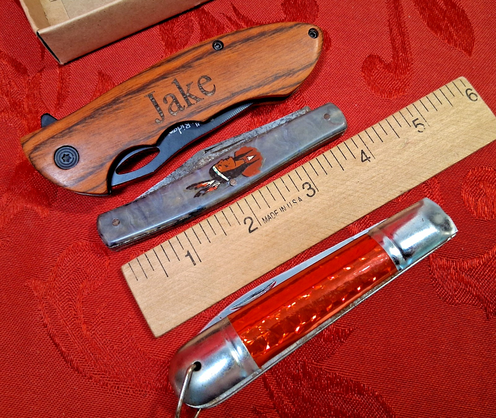 3pc Vint. Pocket Knife Lot Indian Luray Caverns Va. USA + Red China+ Elk Ridge