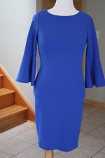Calvin Klein Women Dress S 4 Electric Blu 3/4 Sleeves Round Neck Shift Gold Zipp