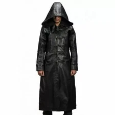 MEN'S HUNTSMAN BLACK LEATHER HOODED TRENCH COAT