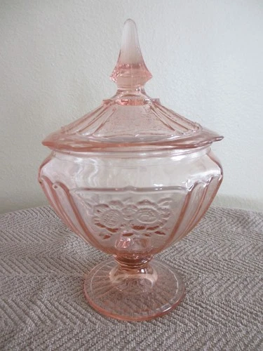 Pink Depression Glass Mayfair Open Rose Footed Anchor Hocking Footed Candy Dish