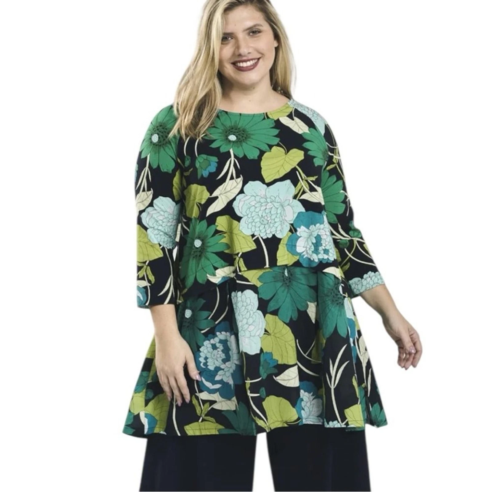 Alembika Floral Swing Tunic Top NWT Size 1 (US 6-8) Green Black Layered Hem
