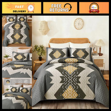 Boho King Size Quilt Set - Grey Aztec Texture Bedspread, 3-Piece Lightweight Bed