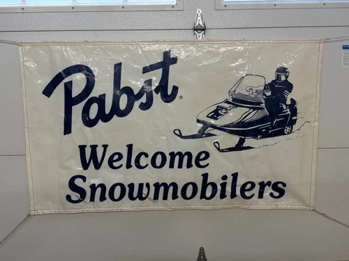 Vintage Pabst Beer Snowmobile Welcome Snowmobilers Sign Banner Original Display
