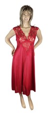 Vintage Soft Moments New York Red Nylon Satin Semi Sheer Lace Slip Nightgown L