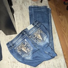 Miss Me Embroidered Rhinestone Bootcut Blue Denim Jeans Mid Rise Western