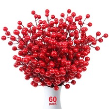 60 Pack Artificial Red Holly Berries 8.2 Inch Christmas Berry Picks Stems