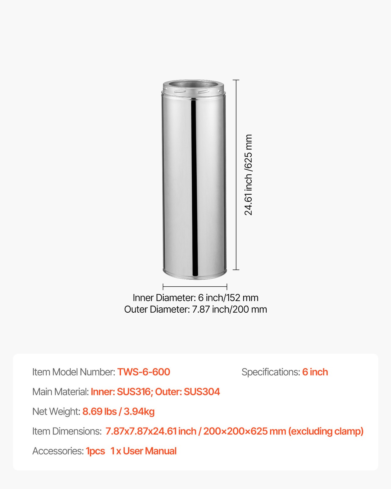 VEVOR 6 x 24 Inch Double Wall Chimney Pipe Stainless Steel Stove Venting Pipe