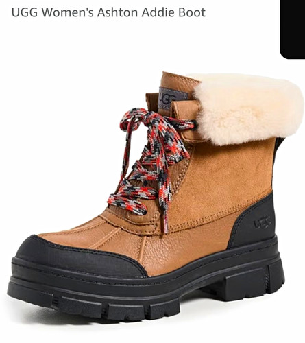 UGG Ashton Addie Women’s Ankle Bootie Lace-Up Leather Fur Lined Brown/Black 7.5