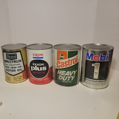Lot Of 3 Vintage Oil Can 1 Quart Sear, Exxon Plus, Castrol FULL