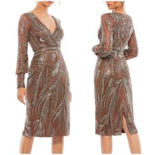 Mac Duggal NWT Beaded Long Cuffed Sleeve Embellished Cocktail Dress Mocha Size 2