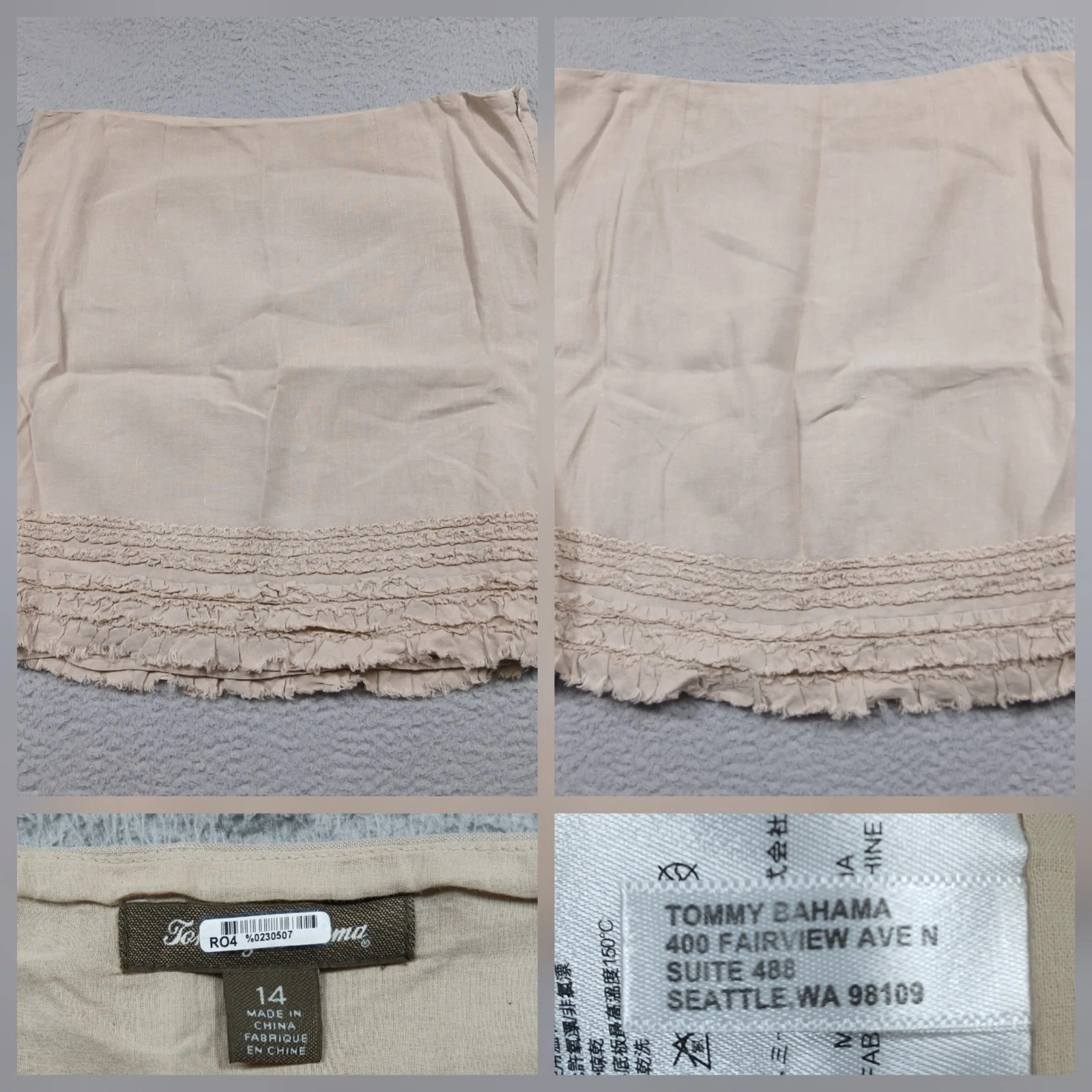 Tommy Bahama Skirt Women's 14 Beige 100% Linen Ruffle Hem Coastal Mini Lined
