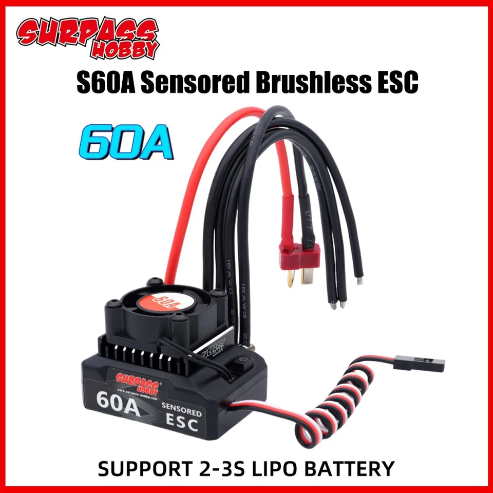 SURPASSHOBBY 60A Sensored Brushless ESC 6V/3A BEC For 1/10 1/12 RC Car 540 Motor - Image 2 of 4