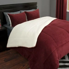Lavish Home 3 Piece Burgundy Full/Queen Sherpa Puffy Comforter Set
