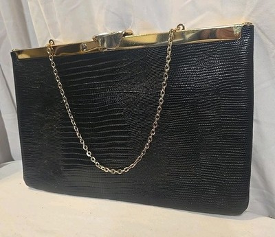 Vintage ETRA Embossed Leather Clutch Handbag Purse Wristlet Black Chain Clasp