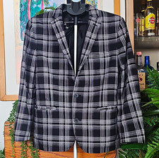 INC International Concepts Black/White Plaid Blazer M 2-Button Notch