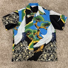 RARE Vintage 70  s Sears Hawaiian Japanese Cranes Button Up Camp Shirt Men Size L