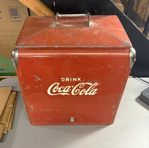 Vintage Acton Mfg Metal Coca Cola Coke Ice Cooler w/Tray, Drain, Bottle Opener
