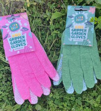 Kids Garden Gloves - For Childrens Fingers - Gardening PVC Grip Dots Green Pink